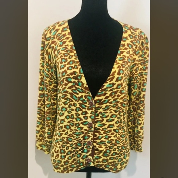 Twelve Layers Sweaters - TWELVE LAYERS Yellow/Brown/ Green Leopard Cardigan Boho Key Hole Back Tie Medium